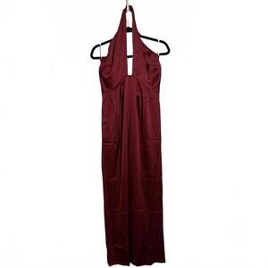Petal‎ & Pup Wine Red Satin Halter Wide Leg Jumpsuit NWT Size Large